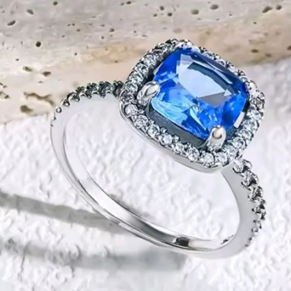 Blue Sapphire 925 Silver Halo Ring with Diamond Accents Sz 6